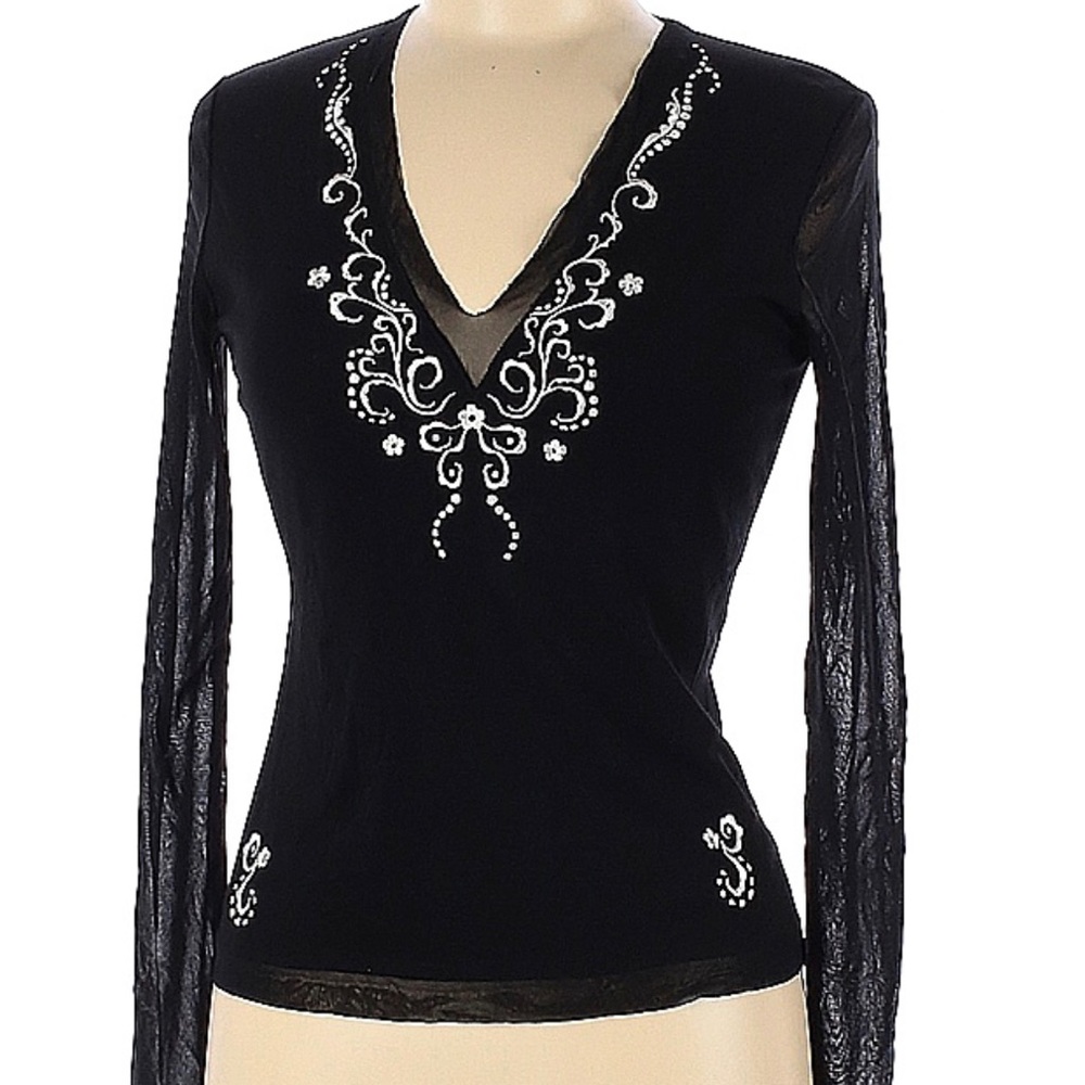 Vivienne Tam Blouse 90s Sheer Black Mesh V Neck Floral Embroidery Size 2